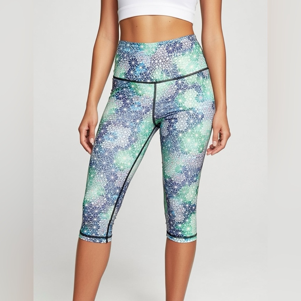 Victoria Secret VSX Sport 3/4 Stretch Crop Leggings Blue Green Modern Pattern